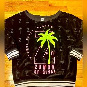 Zumba brand velour pullover with hot pink and green lettering.